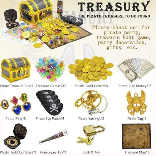 Miniatura 3 de Juego de 182 piezas de cofre del tesoro pirata con marco dorado para niños, con candado, mapa, monedas, aretes, anillos, parche para ojos, brújula