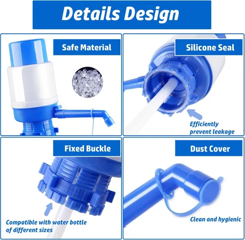 Miniatura 5 de Bomba de agua manual portátil azul para botella de 5 galones, dispensador de jarra de agua, bomba de agua potable con un tubo extra corto y tapa