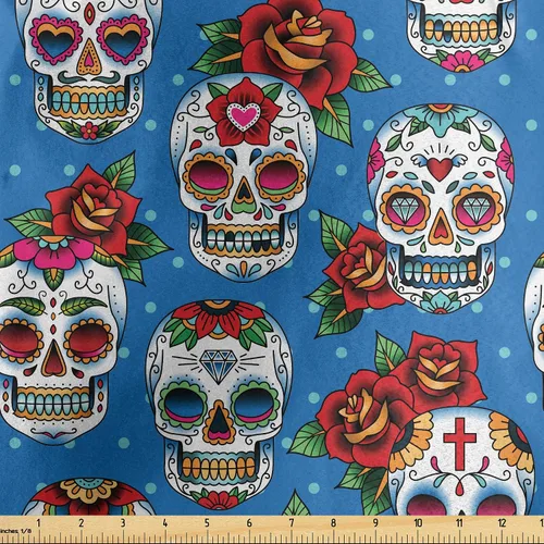 Miniatura 112 de Ambesonne The Yard, tela de calavera colorida con temática de Halloween, diseño de calavera y huesos cruzados, divertido estampado de dibujos