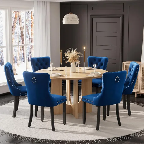 Miniatura 22 de Mesa de comedor redonda de 47 pulgadas para juego de mesa de cocina rústica de 6,7 piezas, mesa de comedor de granja, sillas negras de alta gama