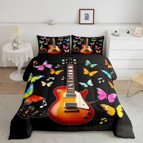Miniatura 3 de Erosebridal Juego de ropa de cama de guitarra, juego de edredón de notas musicales de mariposa, tamaño individual, juego de edredón de música hip