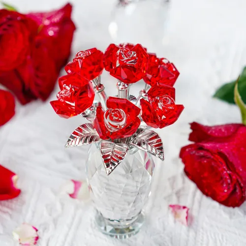 Miniatura 2 de Figura de flor de rosa de cristal rojo con base, ramo de flores de cristal, regalos para mujeres, novia, esposa, flores de cristal hechas a mano