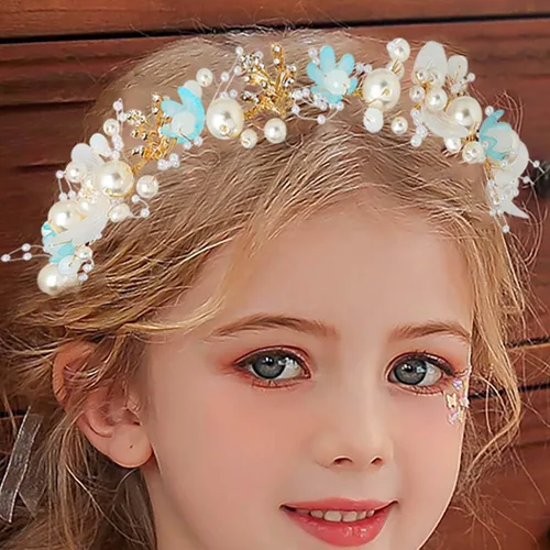 Miniatura 2 de Campsis Diadema para niñas con perlas y flores, diadema de boda de cristal azul, accesorios para el cabello para niñas