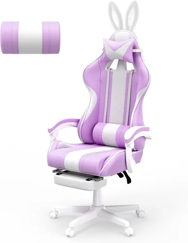 Miniatura 11 de Ferghana Kawaii - Silla de juegos azul claro con orejas de conejo, ergonómica y bonita silla para jugadores con reposapiés y masaje, silla