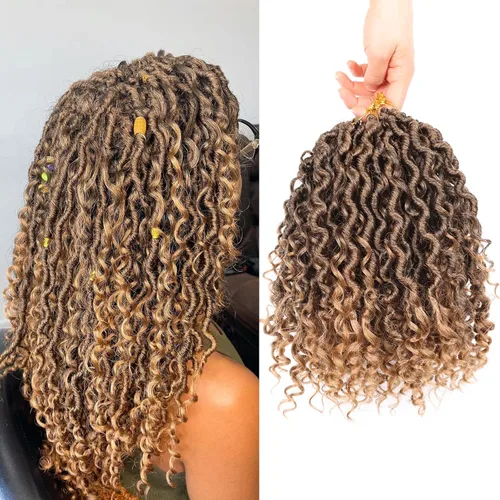 Miniatura 62 de Cabello de Crochet de 8 Pulgadas para Mujeres Negras, 7 Paquetes de Cabello de Crochet Goddess Locs con Puntas Rizadas, Locs Falsos Cortos con Bucle