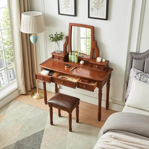 Miniatura 3 de 39.4in Vintage Vanity Desk with Adjustable Angle Mirror, Wooden Dressing Table Set for Bedroom with 5 Drawers, Cushioned Stool