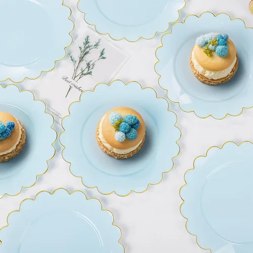 Miniatura 4 de LIYH - 100 platos de plástico azul, bordes festoneados de 7.5 pulgadas, platos desechables para postre/ensalada, color azul con borde dorado, platos