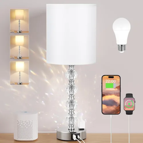 Miniatura 10 de Lámparas de noche táctiles blancas para dormitorios, lámpara de mesa de cristal con puerto de carga USB C+A y mesita de noche de salida de CA