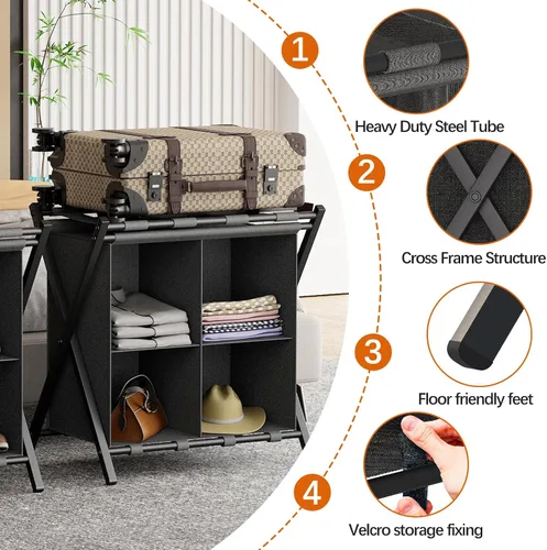 Miniatura 3 de Huhote Portaequipajes para habitación de invitados, soporte plegable para maleta con estante de almacenamiento de tela, soporte para equipaje