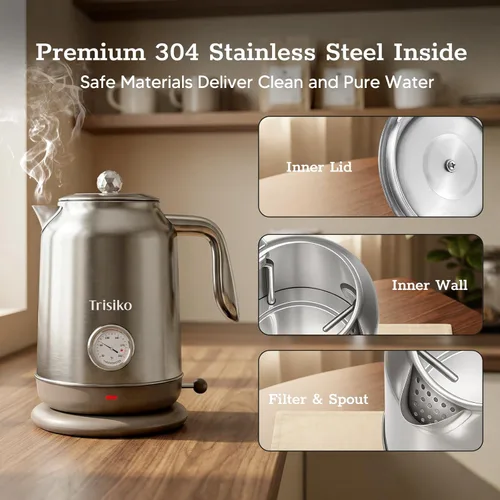 Miniatura 6 de Hervidor eléctrico grande de 1.7L con termómetro, hervidor de té eléctrico de 57.oz con apagado automático, acero inoxidable 304, hervidor de agua