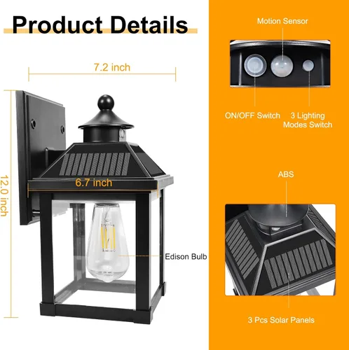 Miniatura 4 de Luces solares de pared para exteriores, luces con sensor de movimiento del atardecer al amanecer, impermeables, luces solares para porche con 3 1