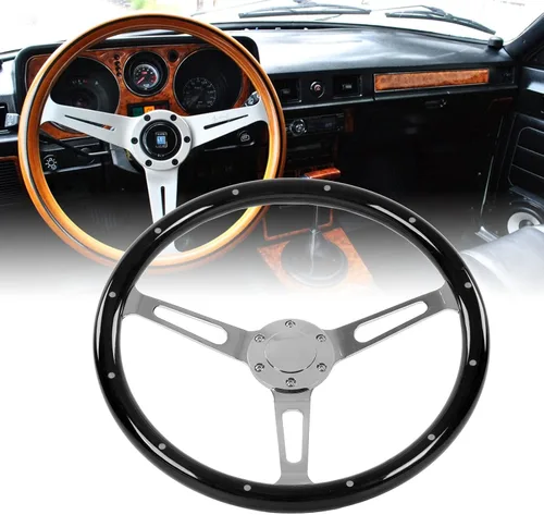 Miniatura 2 de Volante clásico, volante universal de grano de madera de 14.961 in/15 pulgadas, agarre de nogal con 3 radios remachados 6 agujeros, modificación