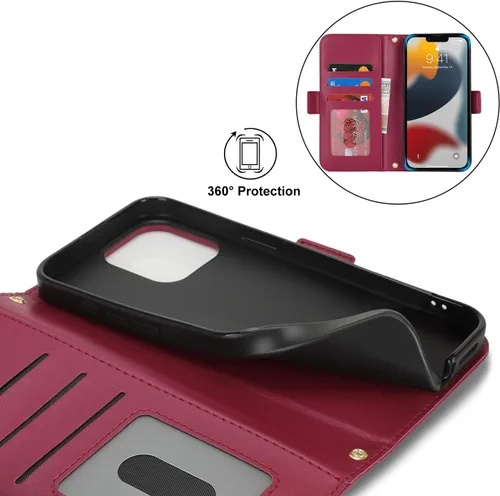 Miniatura 6 de Lipvina Funda tipo cartera para iPhone 12 Pro Max / 13 Pro Max para mujeres, bolsillo con cremallera, funda de teléfono de cuero PU con soporte