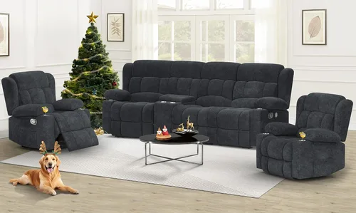 Miniatura 10 de Dresegmt - Juego de sofá reclinable con consola de almacenamiento, diseño de respaldo central abatible, sofá de piel sintética y sillón reclinable