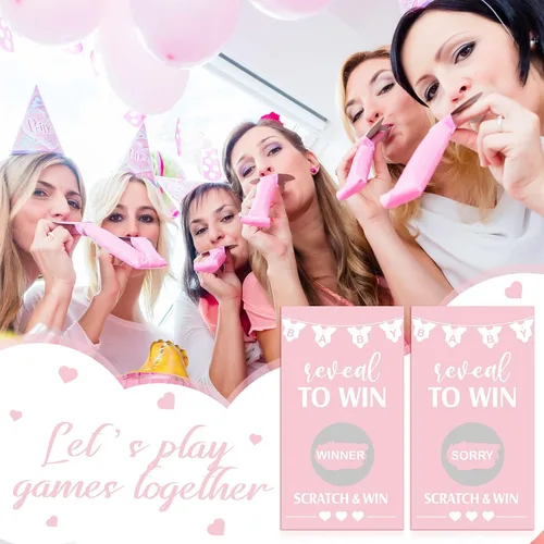 Miniatura 6 de Jexine Juego de 60 tarjetas para raspar para baby shower, color rosa, divertidas tarjetas para rascar, para fiestas de baby shower