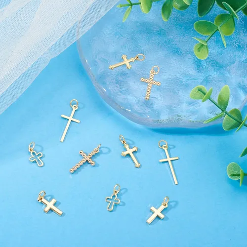 Miniatura 7 de Craftdady 10 colgantes de cruz dorada, collar de metal de latón, colgantes de cruz de religión, pulsera pequeña, aretes colgantes de 0.472-0.906 in