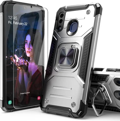 Miniatura 8 de Funda para Galaxy A20 con protector de pantalla, a prueba de golpes, a prueba de caídas, ajuste delgado, con soporte de automóvil, cubierta Negro