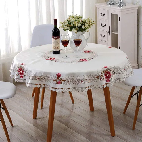 LeLehome - Mantel de encaje bordado con flores cafés, color crema y beige, diseño clásico y tela que no se arruga para mesa de comedor