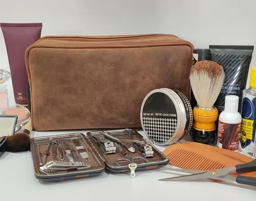 Miniatura 7 de Estuche hecho a mano de piel de búfalo auténtico. Neceser para juego de rasurar y cuidado personal para viaje ~ Regalo para hombres y mujeres.