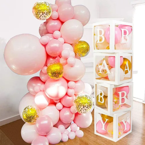 Miniatura 9 de 82 piezas de cajas de bebé de oro rosa con letras para decoraciones de baby shower, bloques de bebé transparentes jumbo para niña, caja de globos