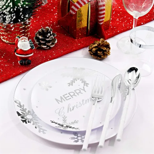 Miniatura 3 de WDF 50 platos de plástico plateado de Navidad, platos de plástico con copos de nieve, platos desechables blancos y plateados pesados para Navidad