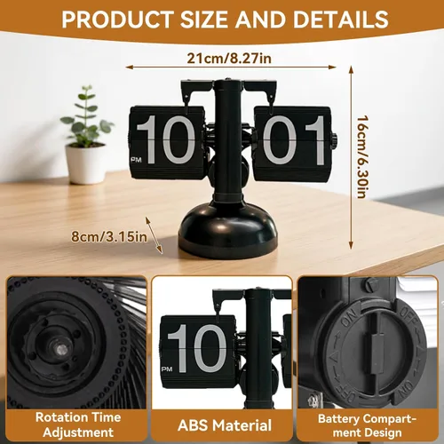 Miniatura 3 de HERCHR Reloj con tapa retro, reloj digital automático con función de página mecánica, reloj de escritorio retro digital abatible, funciona con Negro