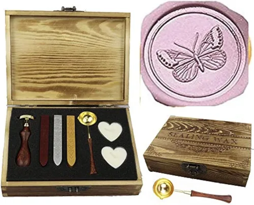 Miniatura 6 de Sello de cera de abeja, caja de regalo de madera vintage, juego de embalaje, palillos de cera de sellado, cuchara de fusión, vela, invitación