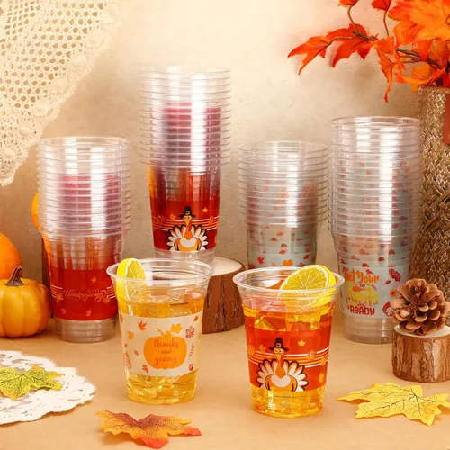 Miniatura 4 de Uiifan 60 Piezas Vasos Desechables de Acción de Gracias de 12 onzas Vasos de Plástico a Granel Vasos Transparentes de Pavo Calabaza de Otoño Vasos