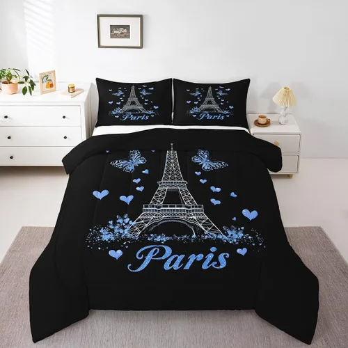 Miniatura 2 de Manfei Juego de edredón de la Torre Eiffel, tamaño individual, edredón de plumón con corazones de mariposa y flores azules con 1 funda de almohada