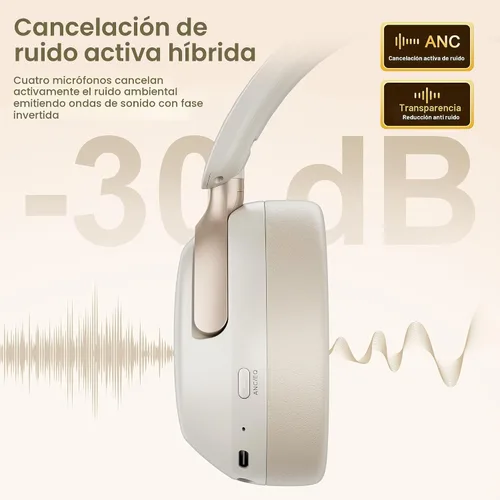 Miniatura 2 de LORELEI QC30 Auriculares híbridos con cancelación activa de ruido, Bluetooth inalámbrico sobre la oreja, piel proteica beige, control activo