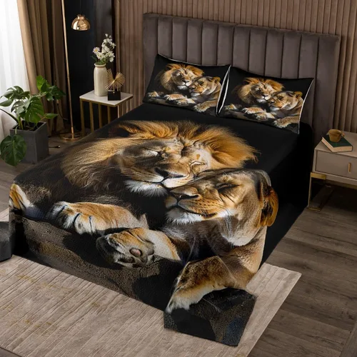 Homewish Juego de colcha de 3 piezas con estampado de león en 3D de pareja de leones para niños, adolescentes, con temática de animales salvajes,