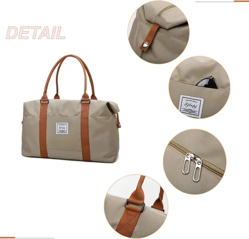 Miniatura 15 de KARRESLY Bolsa de viaje para mujer, bolsa de hombro para fin de semana, bolsa de deporte, gimnasio, bolsa de mano, impermeable, Beige
