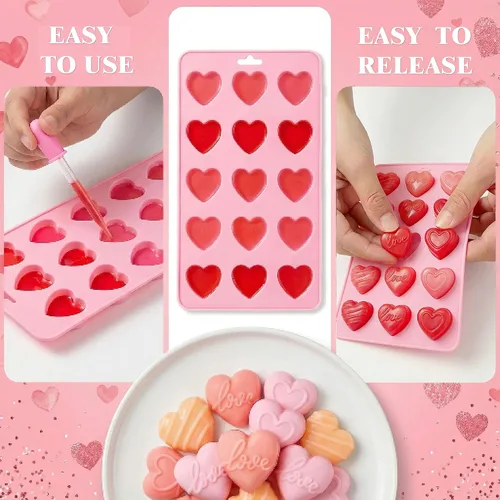 Miniatura 6 de Moldes de silicona en forma de corazón 2 piezas, molde de chocolate en forma de corazón 15 cavidades, moldes antiadherentes de grado alimenticio