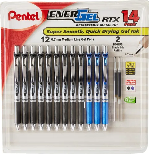 Pentel EnerGel bolígrafo retráctil de gel líquido perlados, 0.7mm tinta negro/azul/violeta, paquete de 12 unidades (BL77W12C), Negro/Azul
