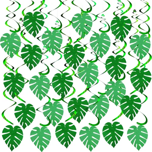 Ireer 64 piezas hawaianas Luau para fiesta, hojas de palmera, remolinos, colgantes, hojas con purpurina, hojas verdes, tropicales, safari, selva,