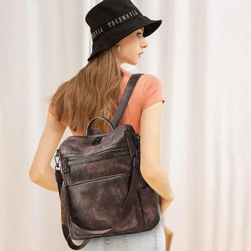 Miniatura 50 de OPAGE - Mochila de cuero para mujer, con borla de moda, bolso de hombro, mochila grande, bolsa de viaje, gris, L