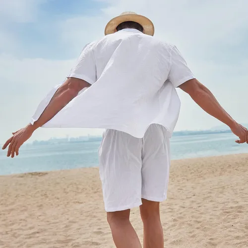Miniatura 3 de AOTORR Conjunto de lino de 2 piezas para hombre, camisa de manga corta con botones y traje de playa corto