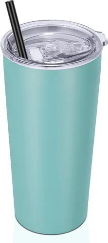 Miniatura 33 de VEGOND Vaso de 20oz a granel con tapa y pajita, vaso aislado al vacío de acero inoxidable de doble pared para café, viaje, paquete de 1 unidad, Rojo
