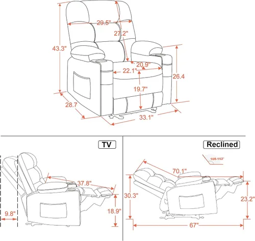 Miniatura 3 de MCombo Zero Gravity PR621 - Silla reclinable eléctrica con masaje de calor y vibración, silla reclinable con puertos USB, portavasos para sala