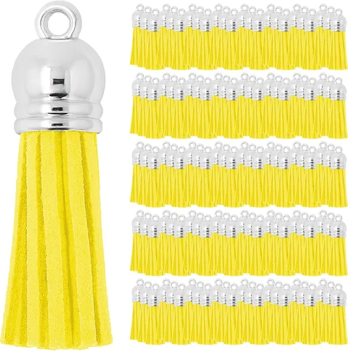 Miniatura 96 de Mandala Crafts 100 borlas de gamuza sintética color aguamarina con tapa dorada, suministros para hacer llaveros a granel, pequeñas borlas de cuero
