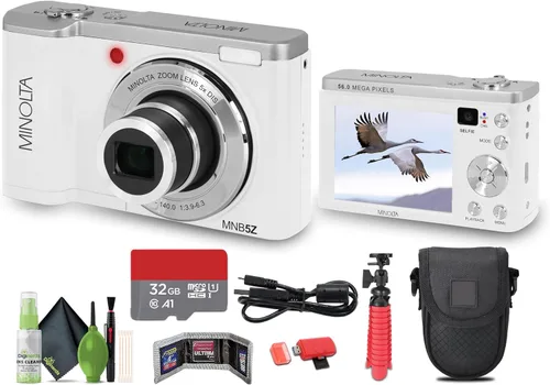 Minolta MNB5Z - Cámara digital de doble lente de 56 MP con zoom óptico 5X y paquete de video Ultra HD de 5K con tarjeta de memoria de 32 GB +