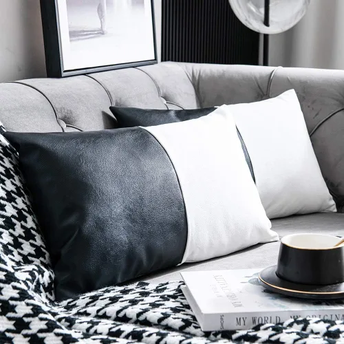 Miniatura 2 de DEZENE Fundas de Almohada Decorativas de Cuero Sintético y Algodón para Sofá Cama Sofá, Juego de 2 de 12 x 20 pulgadas Modernas Cuadradas Negro