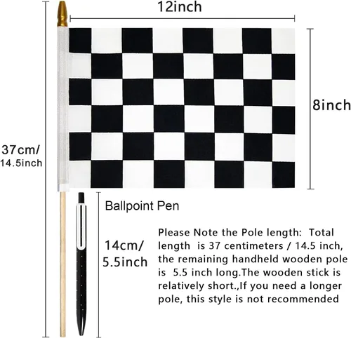 Miniatura 2 de 2 banderas a cuadros de 8 x 12 pulgadas, bandera de carreras en blanco y negro con palo de madera de 14.5 pulgadas, bandera de mano con parte