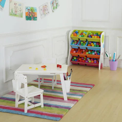Miniatura 3 de Juego de mesa y 2 sillas de madera maciza para niños con estuches de almacenamiento integrados, juego de mesa y silla de almacenamiento para niños