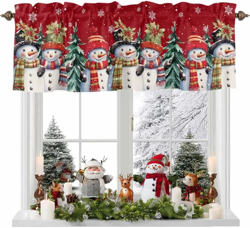 Miniatura 5 de Cenefa de muñeco de nieve de Navidad para ventanas de cocina, cenefas de invierno con bolsillo para barra, cortinas cortas, copos de nieve, bayas