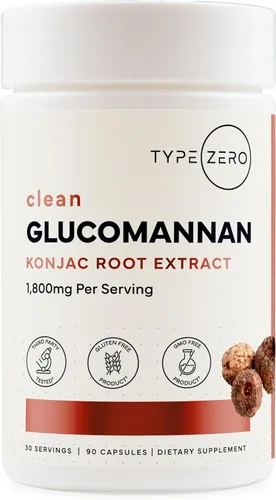Type Zero Clean Glucomanano Konjac Extracto de raíz (90 cápsulas) (1,800 mg por porción), 30 porciones, sin OMG, sin gluten