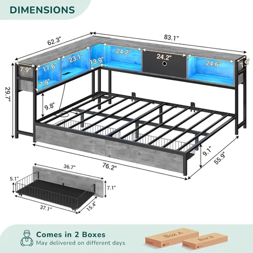 Miniatura 3 de Hasuit - Base de cama esquinera de tamaño matrimonial con cajones de almacenamiento y cabecera con estantería, plataforma de metal, estación