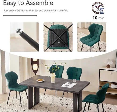 Miniatura 5 de Juego de 4 sillas de comedor, tela resistente al agua, modernas sillas tapizadas para comedor y cocina con patas de metal, color verde (solo sillas)