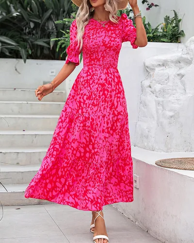 Miniatura 71 de BTFBM Vestidos para mujer, cuello redondo, casual, de verano, con volantes, manga corta, bohemio, con niveles, fruncido, largo, con estampado floral