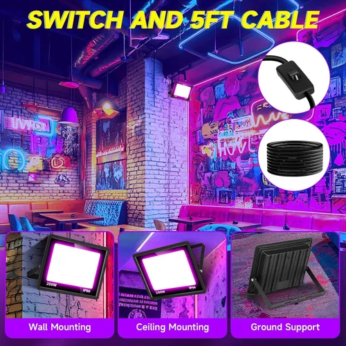 Miniatura 6 de Paquete de 2 luces LED negras de 200 W, IP66 impermeable para exteriores, luz negra con enchufe, interruptor, cable para fiesta de neón brillante